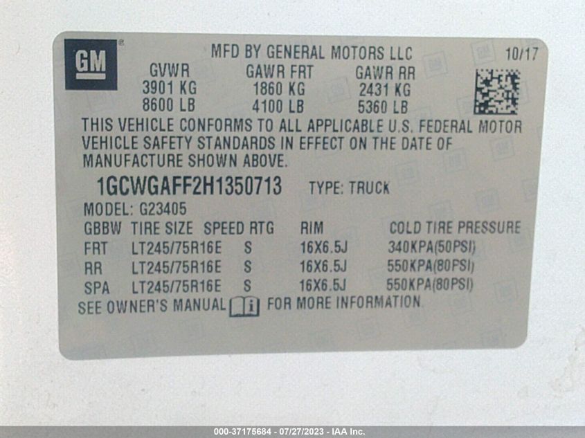 2017 CHEVROLET EXPRESS CARGO VAN - 1GCWGAFF2H1350713