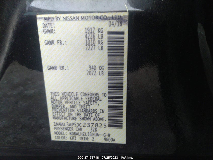 VIN 1N4AL3AP5JC237825 2018 NISSAN ALTIMA 2.5 SR
