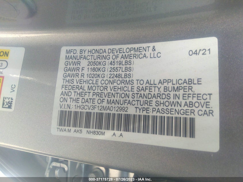 VIN 1HGCV3F12MA012992 2021 HONDA ACCORD HYBRID