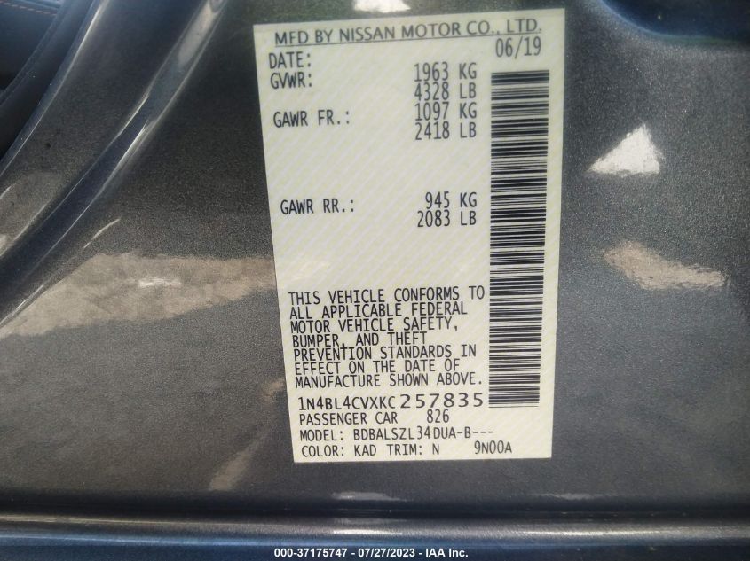 2019 NISSAN ALTIMA 2.5 SR - 1N4BL4CVXKC257835