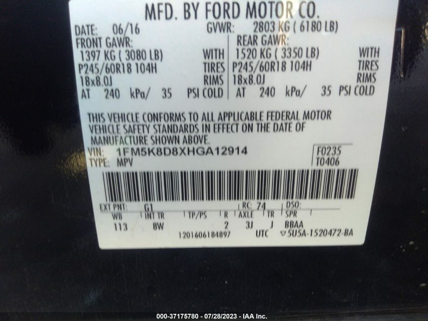 2017 FORD EXPLORER XLT - 1FM5K8D8XHGA12914