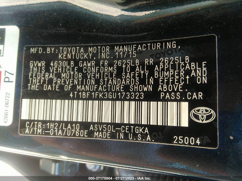 2016 TOYOTA CAMRY XLE/SE/LE/XSE - 4T1BF1FK3GU173323