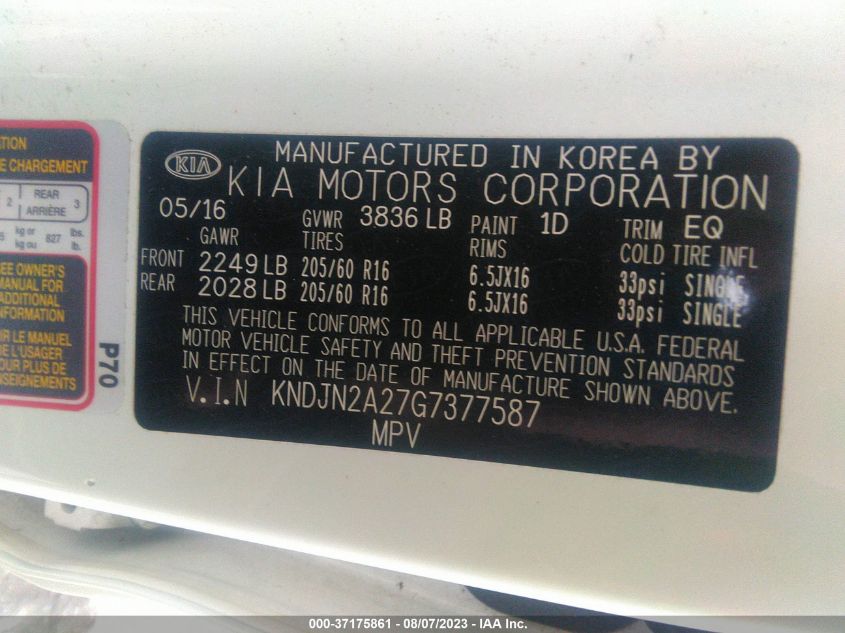 2016 KIA SOUL BASE - KNDJN2A27G7377587