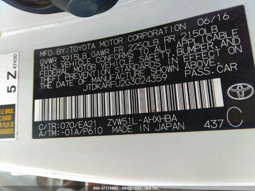 2016 TOYOTA PRIUS - JTDKARFU2G3024359