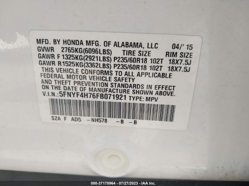 2015 HONDA PILOT EX-L - 5FNYF4H76FB071921