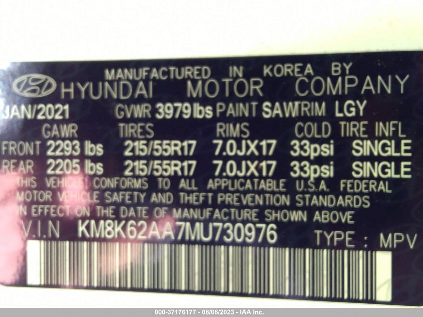 2021 HYUNDAI KONA SEL PLUS - KM8K62AA7MU730976