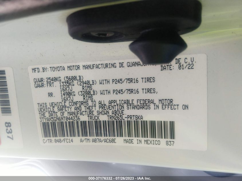 2022 TOYOTA TACOMA 2WD SR/SR5 - 3TYAX5GN6NT044236