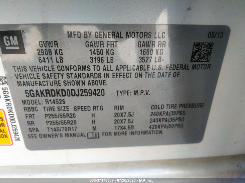 2013 BUICK ENCLAVE - 5GAKRDKD0DJ259420