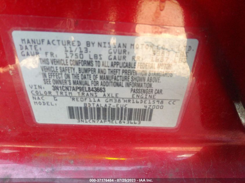 2014 NISSAN VERSA S PLUS - 3N1CN7AP9EL843663