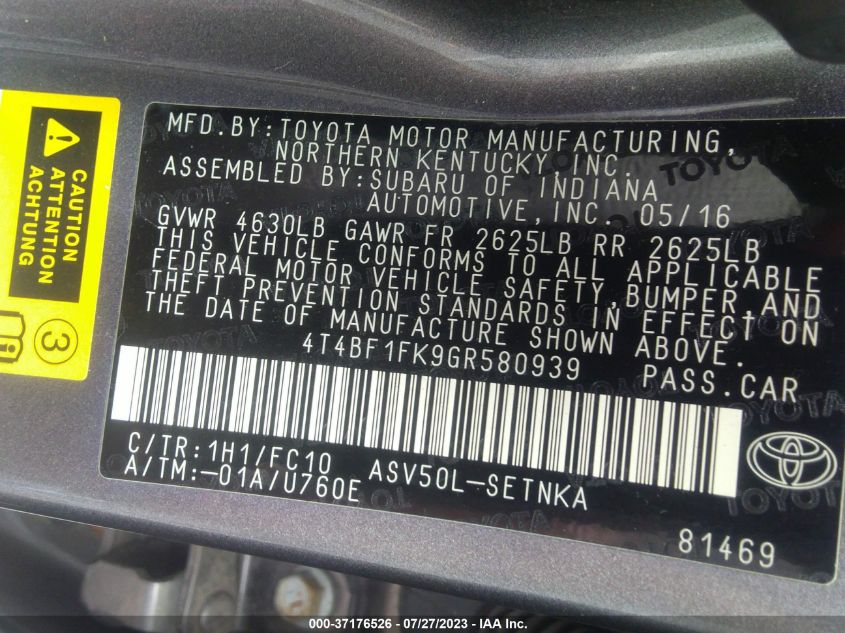 2016 TOYOTA CAMRY XLE/SE/LE/XSE - 4T4BF1FK9GR580939