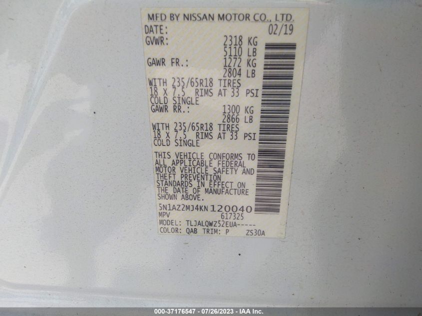 2019 NISSAN MURANO SV - 5N1AZ2MJ4KN120040