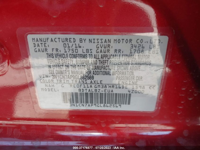 2016 NISSAN VERSA S/S PLUS/SL/SV - 3N1CN7AP9GL862569
