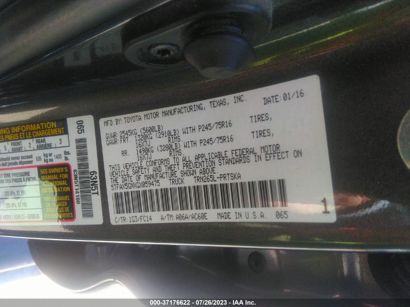 2016 TOYOTA TACOMA SR5/SR - 5TFAX5GNXGX059475