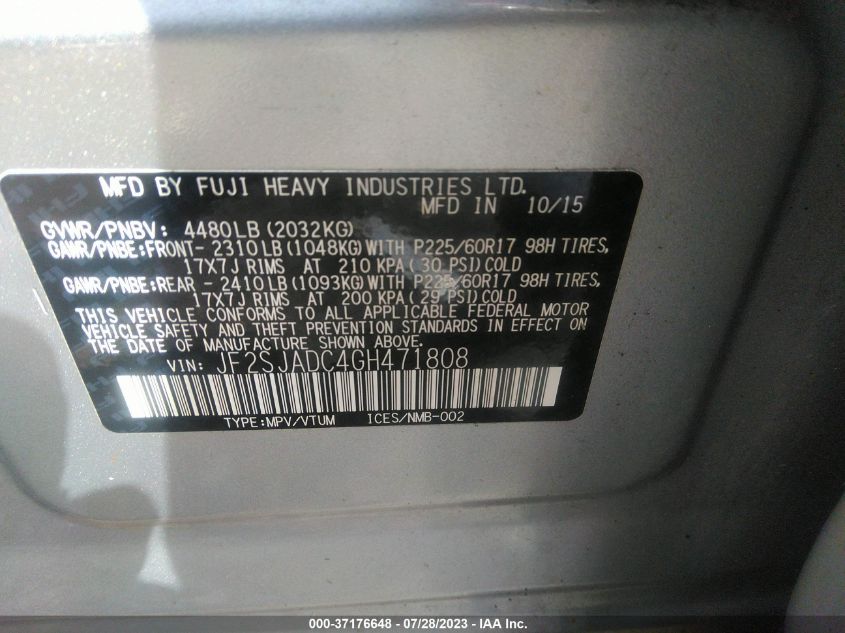 2016 SUBARU FORESTER 2.5I PREMIUM - JF2SJADC4GH471808