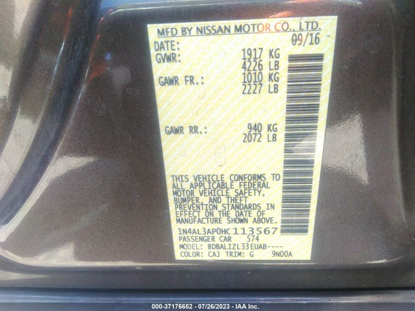 2017 NISSAN ALTIMA 2.5/S/SV/SL/SR - 1N4AL3AP0HC113567