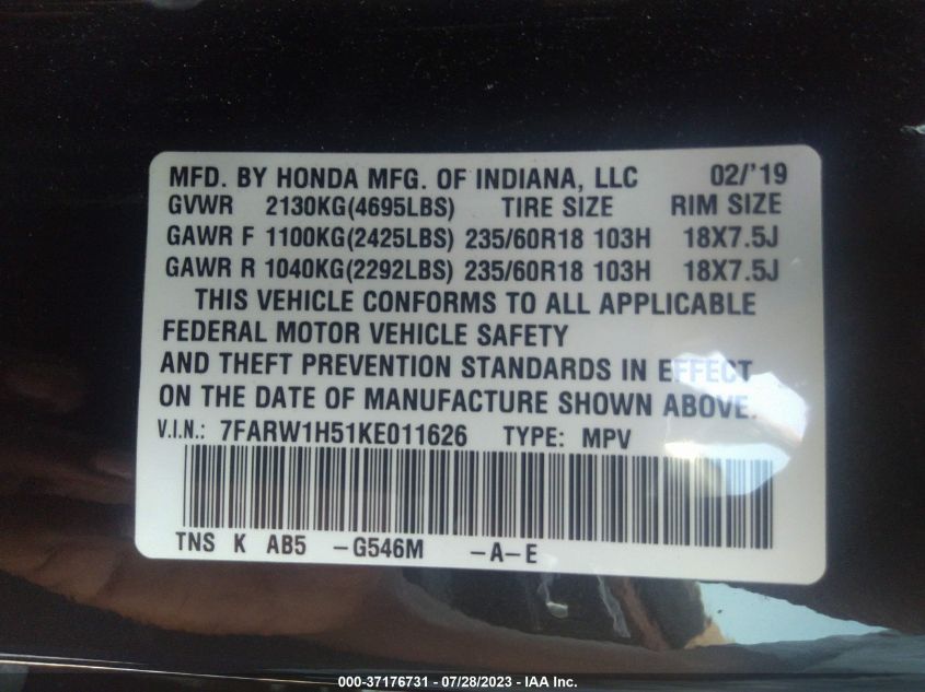 2019 HONDA CR-V EX - 7FARW1H51KE011626