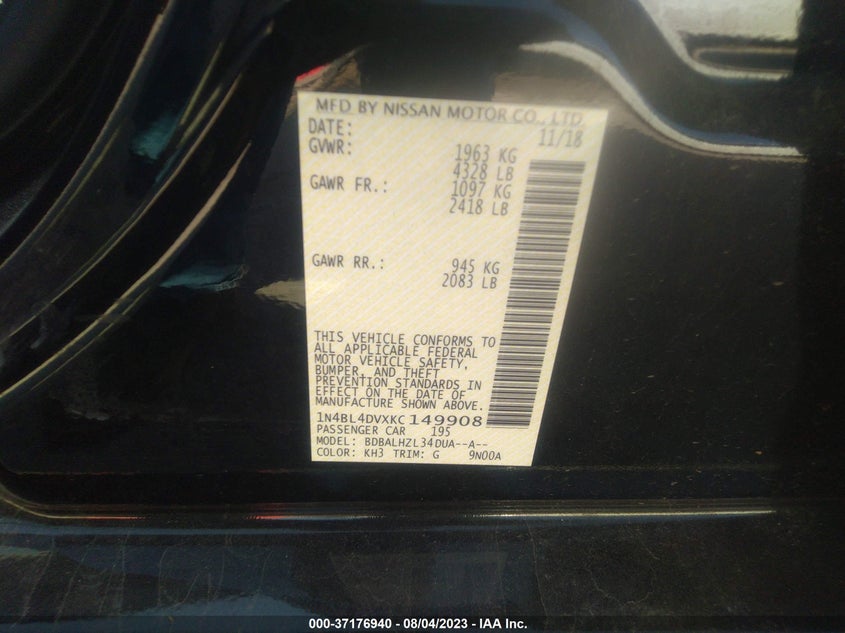 VIN 1N4BL4DVXKC149908 2019 NISSAN ALTIMA 2.5 SV