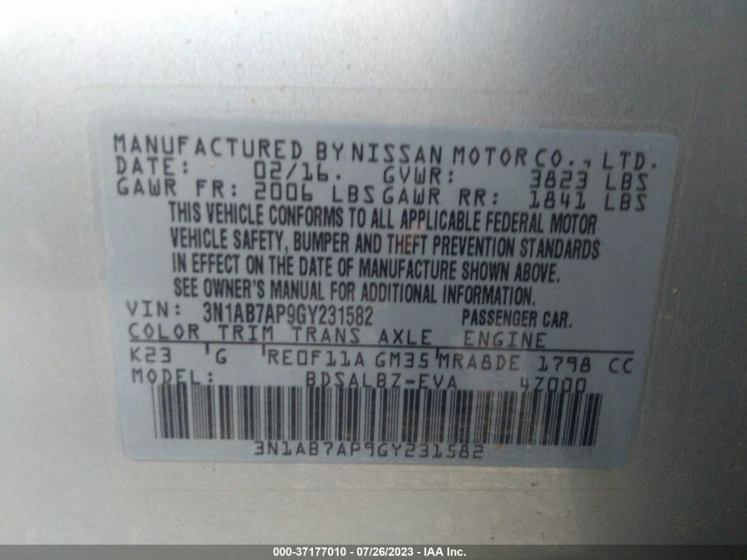 2016 NISSAN SENTRA SR/SL/S/SV/FE+ S - 3N1AB7AP9GY231582