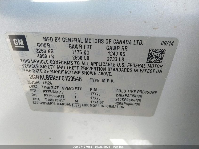 2015 CHEVROLET EQUINOX LT - 2GNALBEK5F6150548