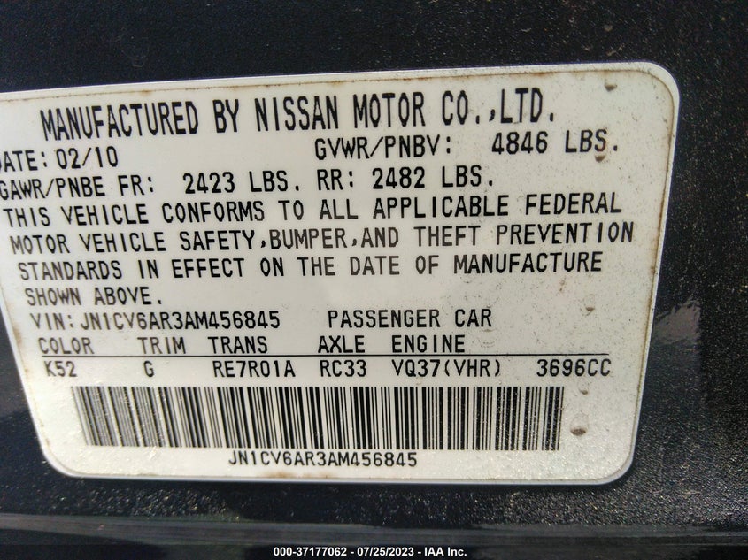 2010 INFINITI G37 SEDAN VIN: JN1CV6AR3AM456845