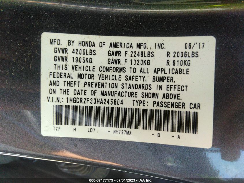 2017 HONDA ACCORD SEDAN LX - 1HGCR2F33HA245804
