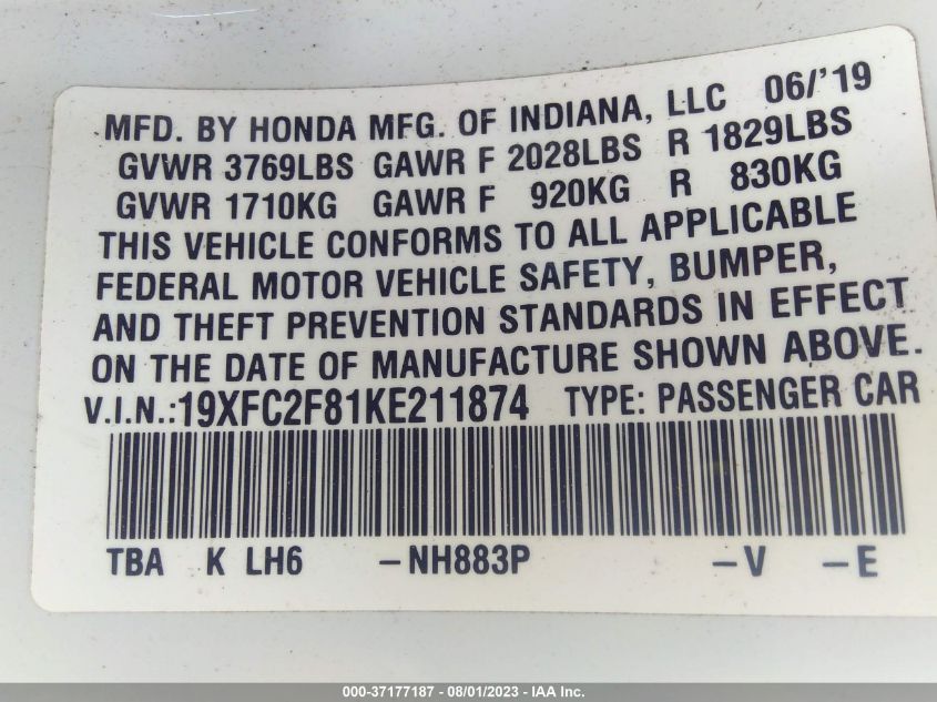 2019 HONDA CIVIC SEDAN SPORT - 19XFC2F81KE211874