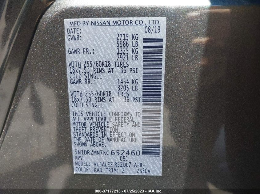 2019 NISSAN PATHFINDER SV - 5N1DR2MN7KC652460