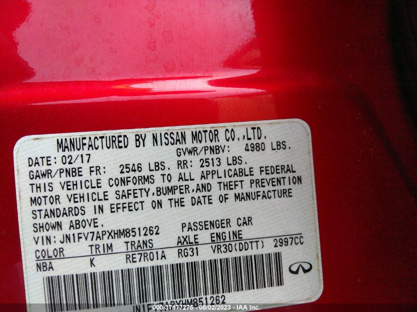 2017 INFINITI Q50 RED SPORT 400 - JN1FV7APXHM851262