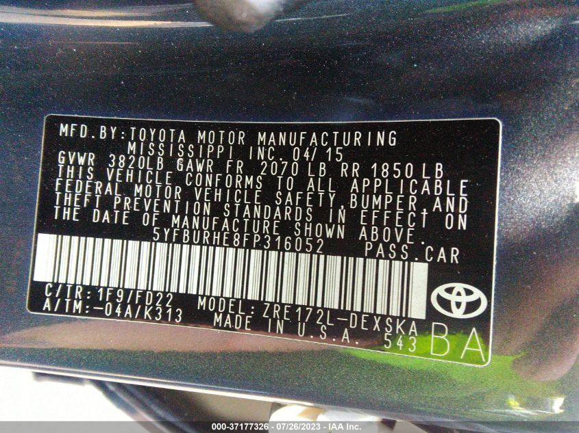 2015 TOYOTA COROLLA L/LE/S/S PLUS/LE PLUS - 5YFBURHE8FP316052