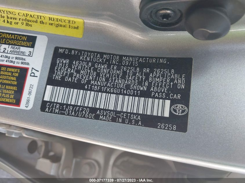 2016 TOYOTA CAMRY SE - 4T1BF1FK6GU140011