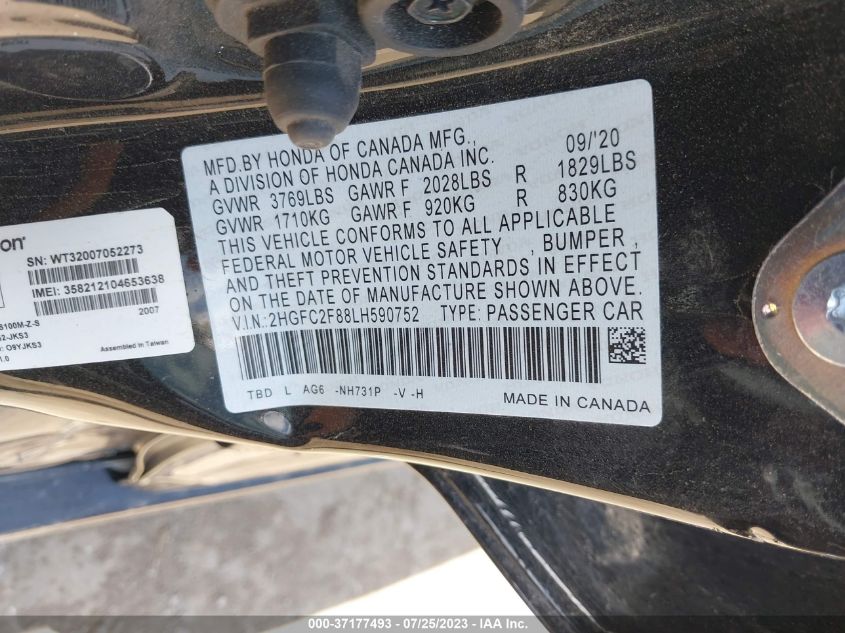 2020 HONDA CIVIC SEDAN SPORT - 2HGFC2F88LH590752