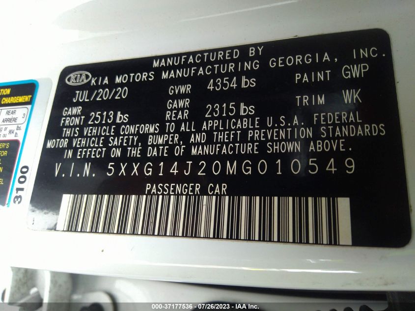 2021 KIA K5 LXS - 5XXG14J20MG010549