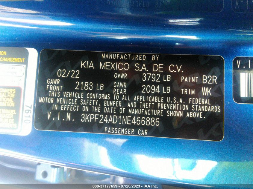 2022 KIA FORTE LXS - 3KPF24AD1NE466886