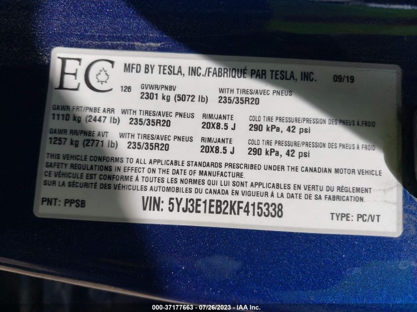 2019 TESLA MODEL 3 - 5YJ3E1EB2KF415338