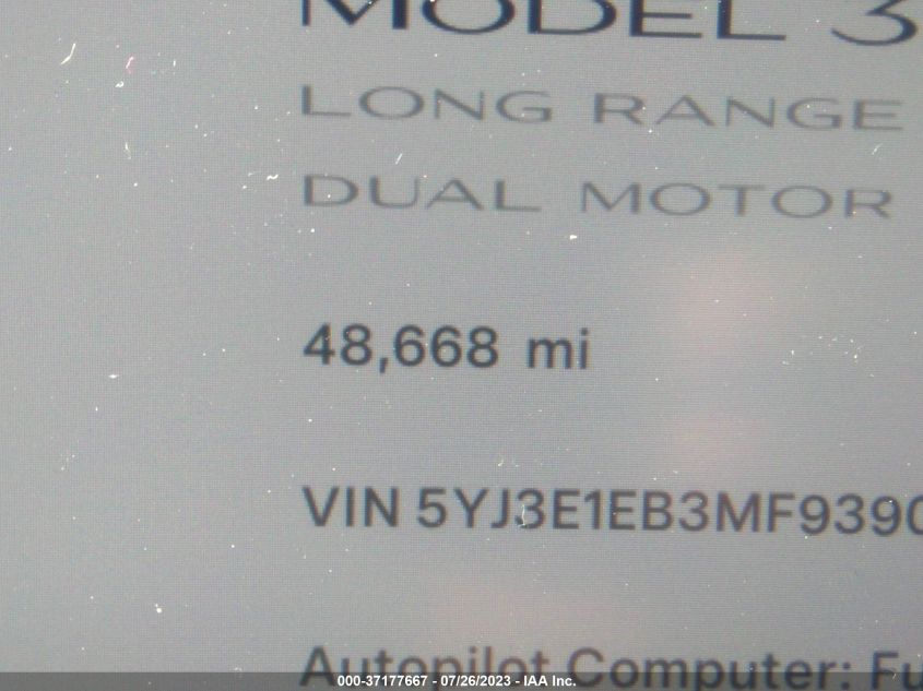 2021 TESLA MODEL 3 LONG RANGE - 5YJ3E1EB3MF939004