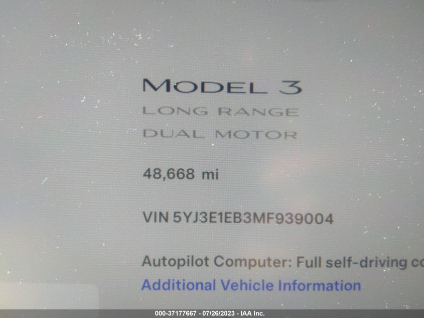 2021 TESLA MODEL 3 LONG RANGE - 5YJ3E1EB3MF939004