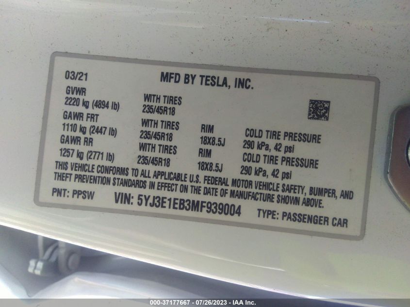 2021 TESLA MODEL 3 LONG RANGE - 5YJ3E1EB3MF939004