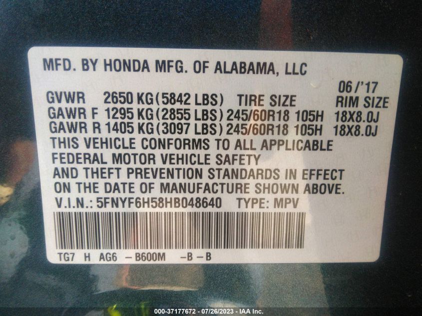 2017 HONDA PILOT EX-L - 5FNYF6H58HB048640
