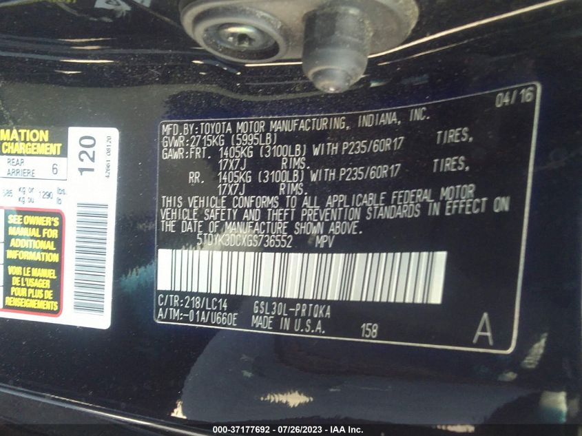 2016 TOYOTA SIENNA XLE - 5TDYK3DCXGS736552