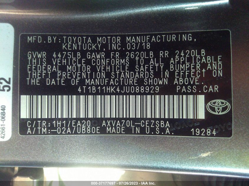 2018 TOYOTA CAMRY LE/SE/XLE/L - 4T1B11HK4JU088929