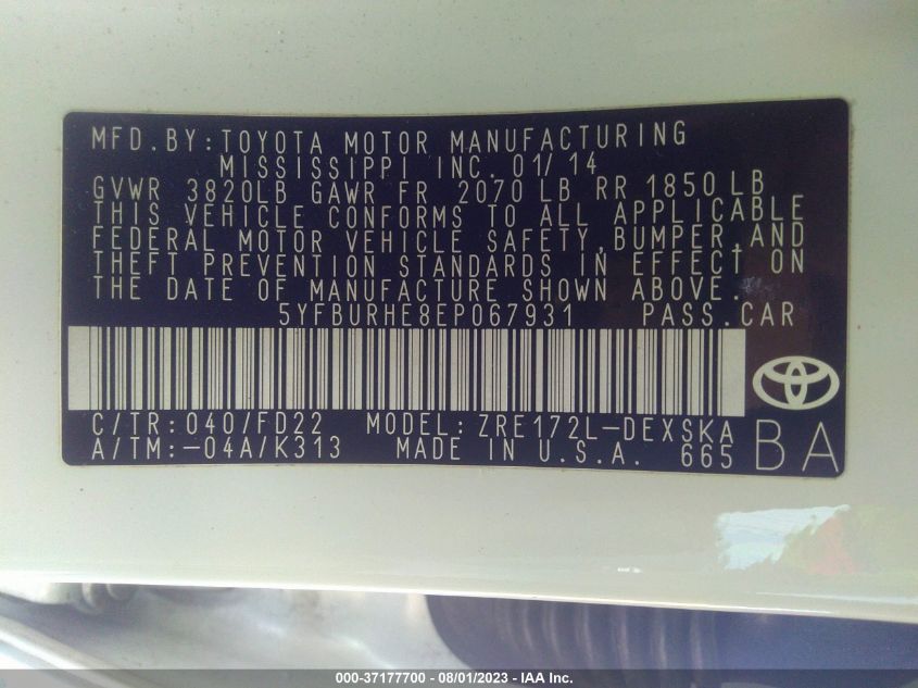 2014 TOYOTA COROLLA L/LE/S/S PLUS/LE PLUS - 5YFBURHE8EP067931