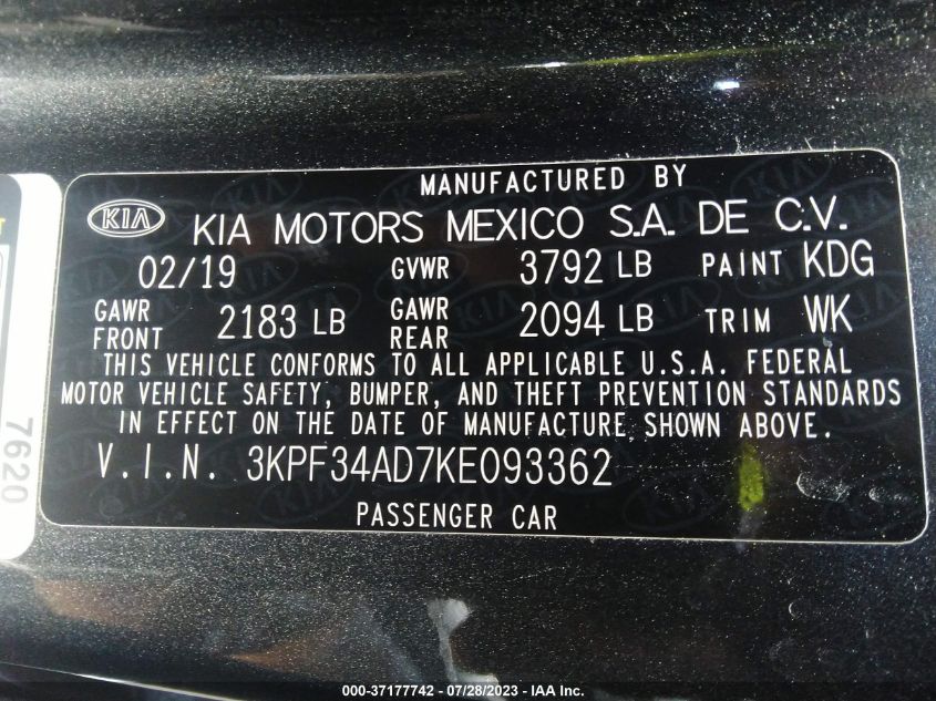 2019 KIA FORTE S - 3KPF34AD7KE093362