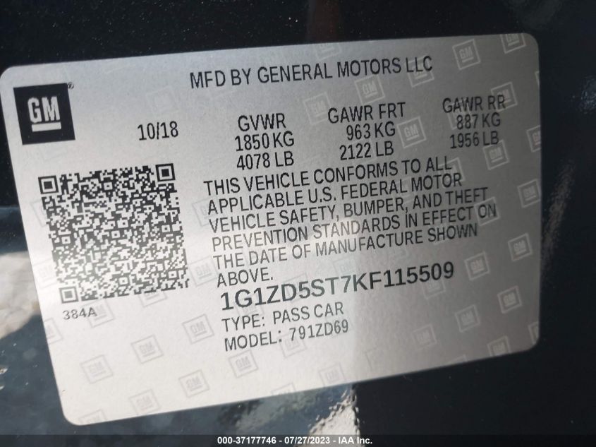 2019 CHEVROLET MALIBU LT - 1G1ZD5ST7KF115509