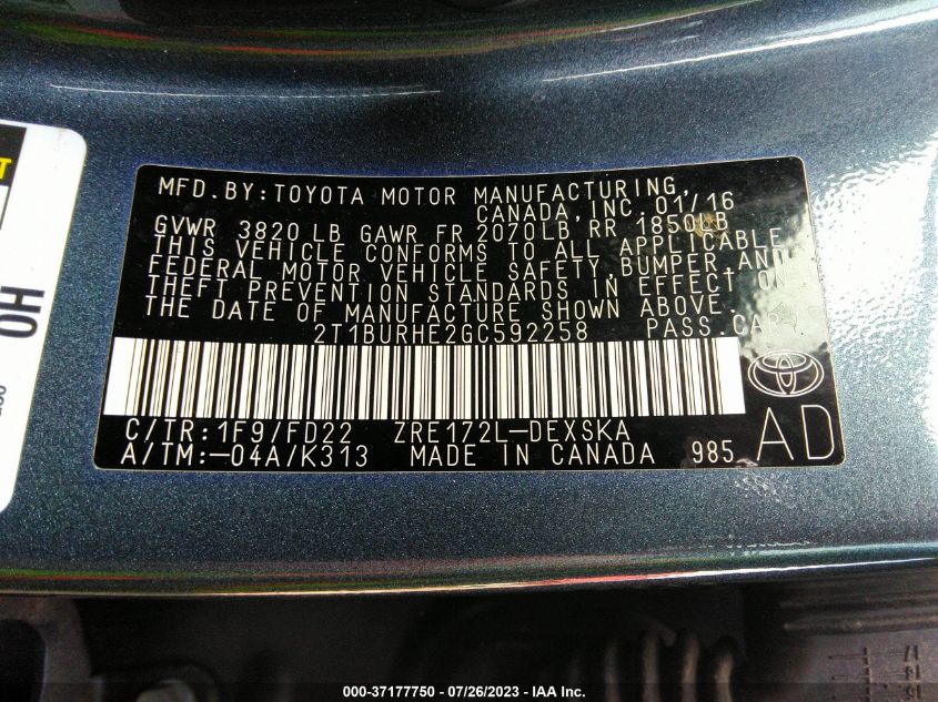 2016 TOYOTA COROLLA L/LE/LE PLS/PRM/S/S PLS - 2T1BURHE2GC592258