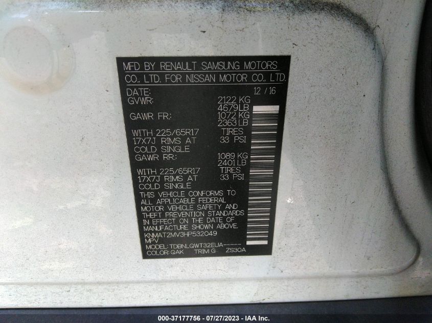 2017 NISSAN ROGUE SV - KNMAT2MV3HP532049