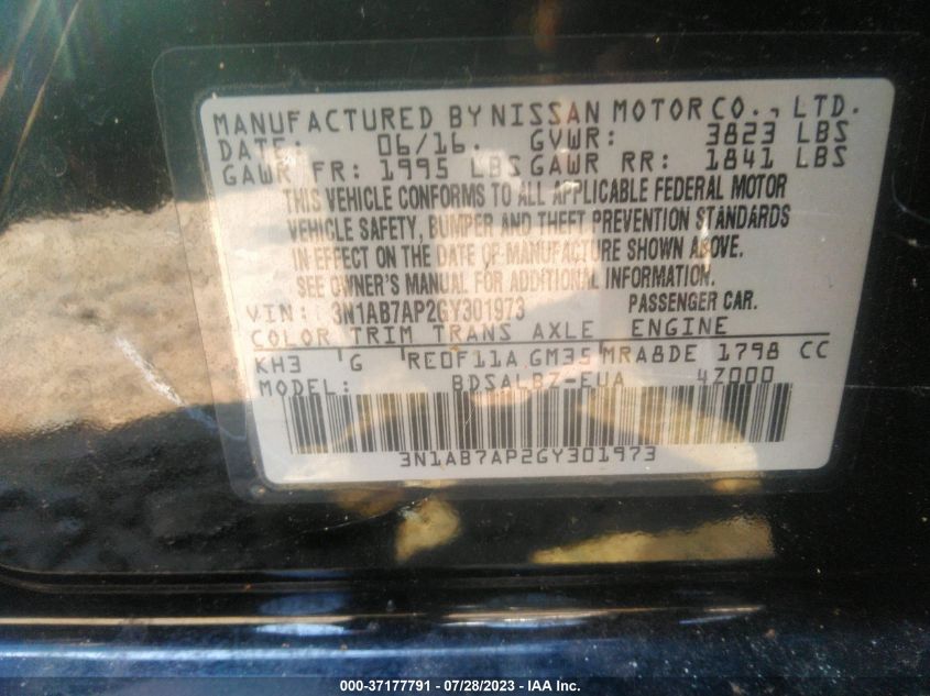 2016 NISSAN SENTRA S - 3N1AB7AP2GY301973