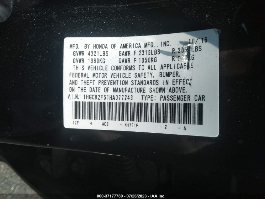 2017 HONDA ACCORD SEDAN SPORT - 1HGCR2F51HA077243
