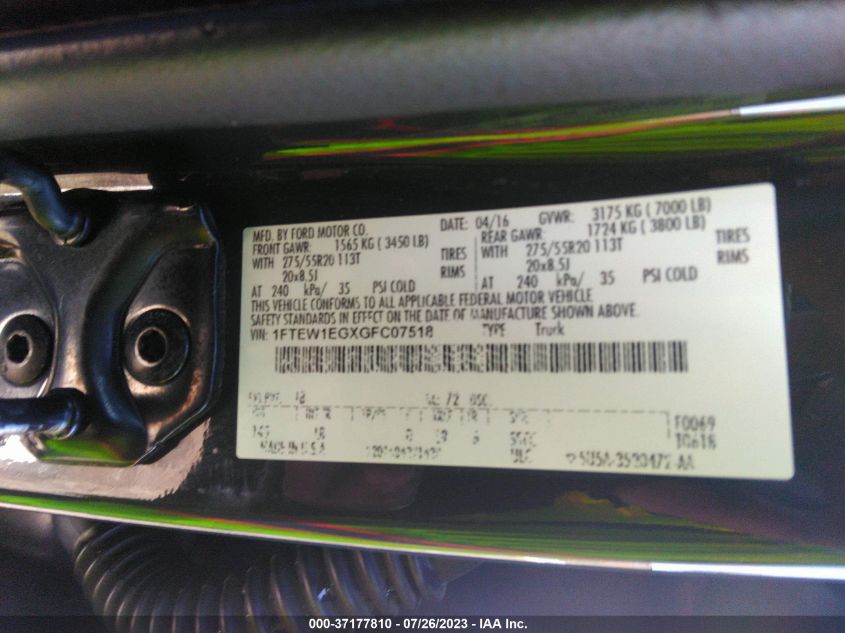 2016 FORD F-150 XLT/XL/LARIAT/PLATINUM - 1FTEW1EGXGFC07518