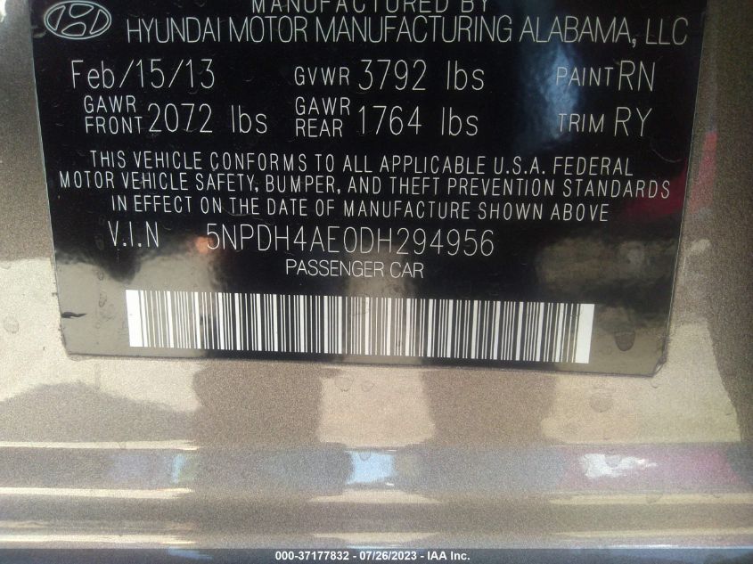 2013 HYUNDAI ELANTRA LIMITED PZEV - 5NPDH4AE0DH294956