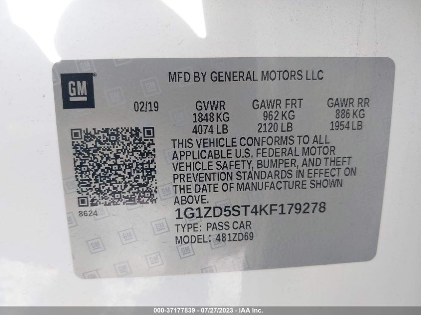 2019 CHEVROLET MALIBU LT - 1G1ZD5ST4KF179278